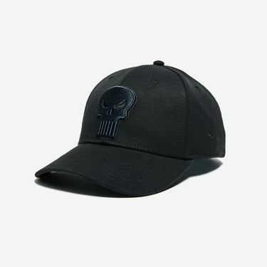 Black Flex Fit Hat with The Punisher Skull Logo in black 