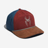 A Spider-Man themed baseball cap with a red and blue six-panel crown, a brown suede-look visor, and a white embroidered spider logo on the front.