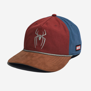 A Marvel Spider-Man themed baseball cap with a red front panel, blue side panels, and a brown suede-look brim, featuring a white spider logo on the front and a Marvel brand patch on the side.