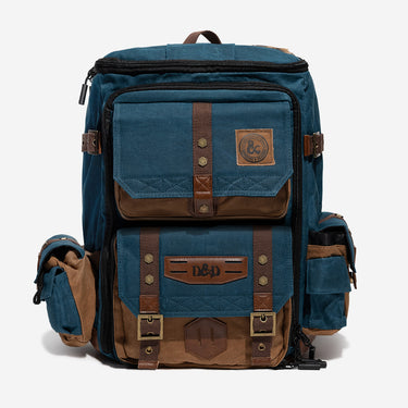 Blue and brown backpack with visible Dungeons & Dragons logo on a white background