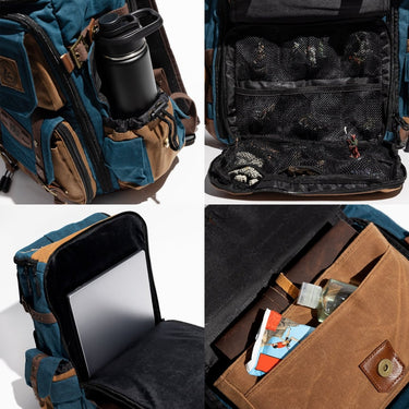 A collage showing various details of the D&D Quest Backpack. The Top Left shows the side pocket being used as a  waterbottle holder. The Top Right shows the front zipper pocket that houses smaller mesh pockets to hold small figures. The Bottom left shows the external laptop pocket holding a laptop and the bottom right shows the top external pocket holding a note book, snack and hand sanitizer. 