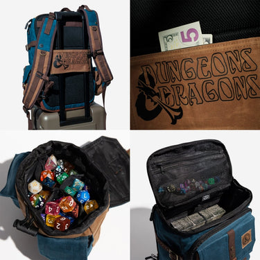 A collage showing various details of the D&D Quest Backpack. The Top Left shows the trolly sleeve on a suitcase. The Top Right shows the zipping on the trolley sleeve housing cash. The Bottom left shows the dice bag holding lots of dice being organized by internal pockets and the bottom right shows an internal mesh pocket on the top flap housing more dice.