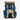 Back view of a blue and beige backpack on a white background