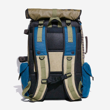 Back view of a blue and beige backpack on a white background