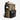 Brown and black backpack with Mandalorian and Grogu Theme. The Bag has a metal "Mudhorn" emblem in the center and a smaller grogu graphic on the front pocket. The backpack faces right to show a side pocket and a small ID card window with a blank name badge