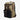 Brown and black backpack with Mandalorian and Grogu Theme. The Bag has a metal "Mudhorn" emblem in the center and a smaller grogu graphic on the front pocket. The Backpack faces left to show a side pocket and brown molle straps