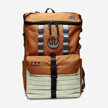 Orange and Beige Star Wars Rebel Themed Backpack with a metal Starbird Emblem and Silver Molle Straps