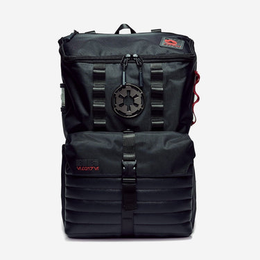 Black backpack with a Star Wars Imperial Cog emblem on a light gray background