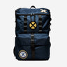 Dark Blue backpack with Metal X-Men logo in the center of the bag and a "Xaviers School for gifted Youngsters" patch on the bottom left. The bag sits on a white background