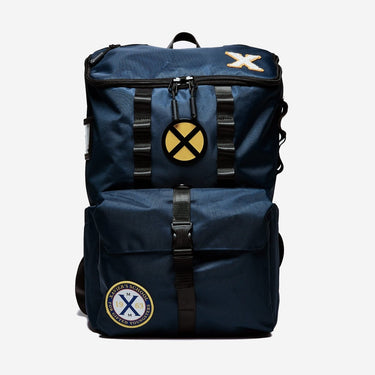 Dark Blue backpack with Metal X-Men logo in the center of the bag and a "Xaviers School for gifted Youngsters" patch on the bottom left. The bag sits on a white background