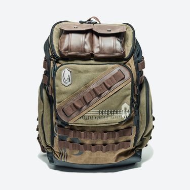Brown Star Wars The Mandalorian  tactical backpack with multiple compartments on a white background