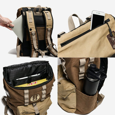 A collage showing compartments on the Jedi Expedition Backpack. Top left shows a laptop emerging from the laptop pocket, Top Right shows a phone on the top zipper pocket showing a phone in the pocket, Bottom Left shows a top down preview of the inside organization, Bottom Right shows a water bottle inside one of the side pockets
