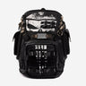 Black tactical backpack with a white  The Punisher logo on a light gray background