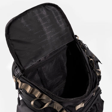 Black backpack with open front compartment on a light gray background