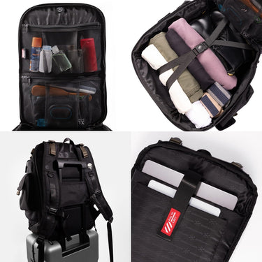 Collage of detail shots for the punisher trekker backpack showing the various compartments, luggage strap, and laptop sleeve with items arranged inside.