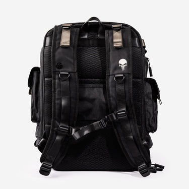 Black backpack with visible The Punisher Skull logo on a white background