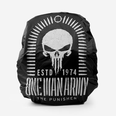 Black rain cover with The Punisher skull design and text on a white background