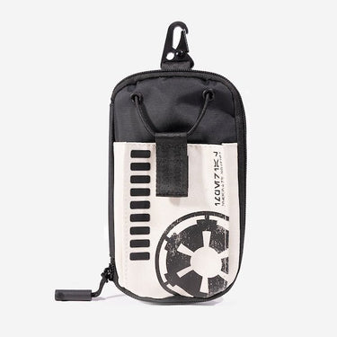 A compact, black and white zippered pouch with a hook clip at the top. The pouch features a Star Wars-inspired design, including the Galactic Empire emblem and vertical black bars on the front. The front pocket has a black strap closure.