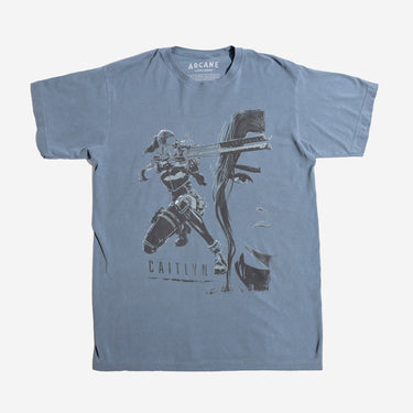 Dark Blue T-Shirt Featuring a Faded Graphic of Caitlyn from Arcane
