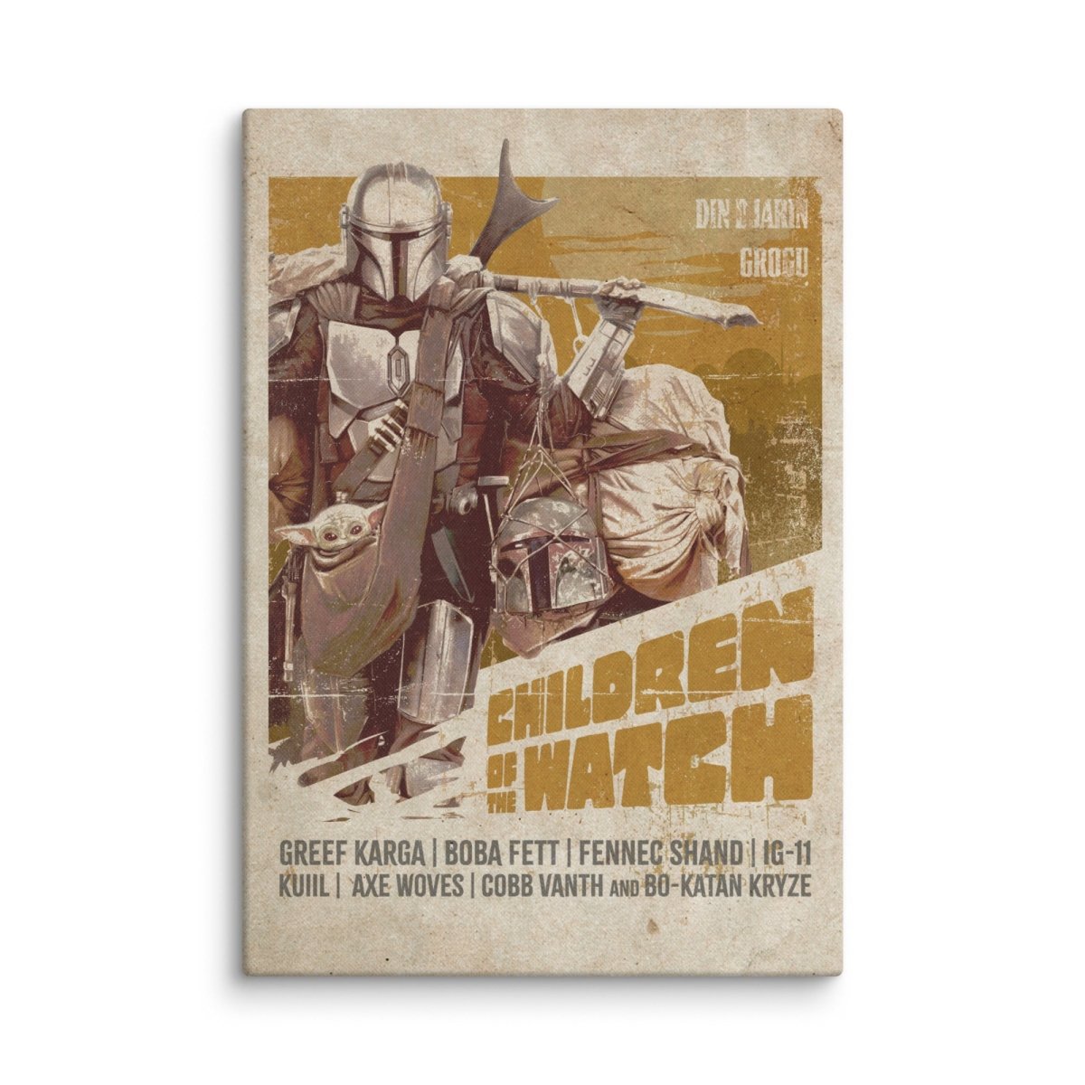 Western style movie poster art featuring the mandalorian and grogu