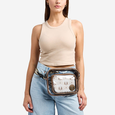 Woman wearing a transparent jedi fanny pack with a patterned design on a white background