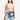 Woman wearing a transparent waist bag with visible x-men branding on a white background
