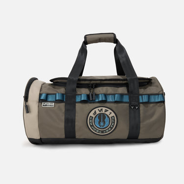 Rugged duffle bag in earthy tones with black straps, blue accent detailing, and a durable design. Features multiple compartments, reinforced handles, and an adjustable shoulder strap for versatile carrying.