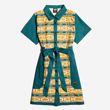 A button up yellow and teal dress thats star wars jedi inspired with a striped tapestry pattern 