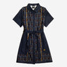 A button up navy dress thats star wars rebel inspired with a striped pattern 