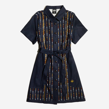 A button up navy dress thats star wars rebel inspired with a striped pattern 