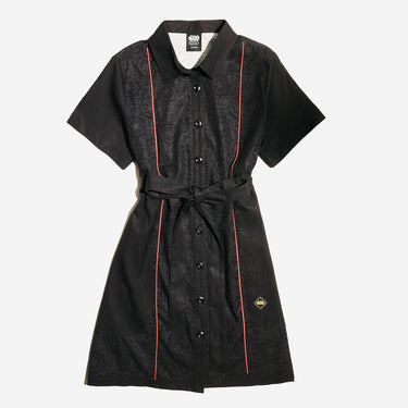 A button up black dress thats star wars imperial inspired with a geometric pattern and red details