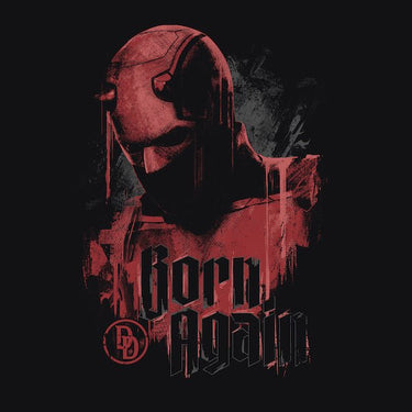 A dark, stylized illustration of Daredevil with his head bowed, partially obscured in shadows. His red suit appears distressed, blending into the background with a dripping paint effect. Below him, the words "Born Again" are displayed in a bold, gothic-style font, accompanied by the Daredevil "DD" logo.