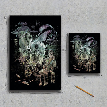 Two Canvas Prints with characters and vehicles from The Empire Strikes Back on a textured gray surface.