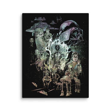 Collage of Star Wars characters and vehicles from The Empire Strikes Back  on a dark background