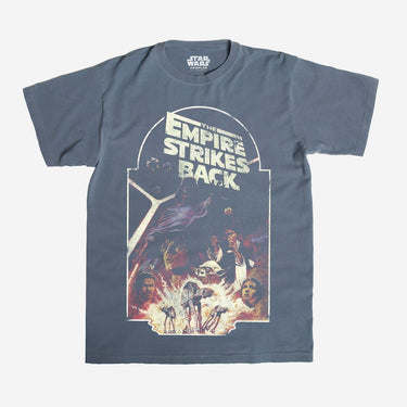 Slate Blue t-shirt with 'The Empire Strikes Back' design featuring characters and text, on a white background.
