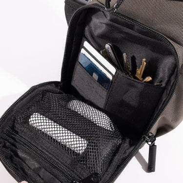 The photo shows a close up of the bags main pocket. The pocket had a mesh zipper pouch on the flap. The inner pocket has smaller pockets for up to 4 credit cards and a larger pocket behind.