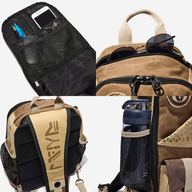 Collage of Star Wars Jedi Canvas Sling with multiple compartments and accessories.