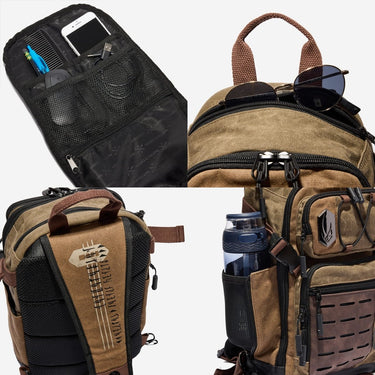 Collage of Star Wars Mandalorian Nomad Sling Bag with various compartments.