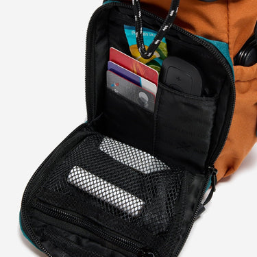 The photo shows a close up of the bags main pocket. The pocket had a mesh zipper pouch on the flap. The inner pocket has smaller pockets for up to 4 credit cards and a larger pocket behind.