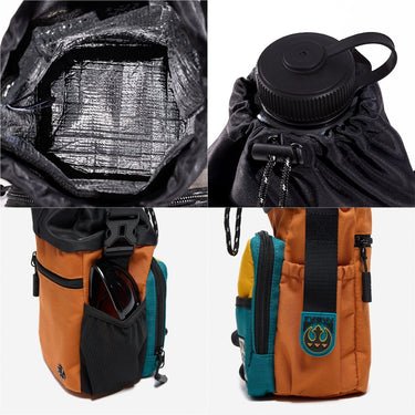 collage of a Multifunctional water bottle sling bag. The top left photo shows a close up of the insulated interior, the top right shows a close up of the bag cinched up with a water bottle lid sticking out, the bottom left shows a zipper pocket on the back and a mesh elasticated pocket on the side.. Finally the bottom right shows a close up of a pocket with a velcro strap that secures items down into the pocket