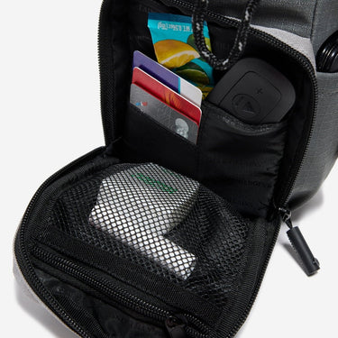 The photo shows a close up of the bags main pocket. The pocket had a mesh zipper pouch on the flap. The inner pocket has smaller pockets for up to 4 credit cards and a larger pocket behind.