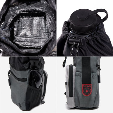 collage of a Multifunctional water bottle sling bag. The top left photo shows a close up of the insulated interior, the top right shows a close up of the bag cinched up with a water bottle lid sticking out, the bottom left shows a zipper pocket on the back and a mesh elasticated pocket on the side.. Finally the bottom right shows a close up of a pocket with a velcro strap that secures items down into the pocket