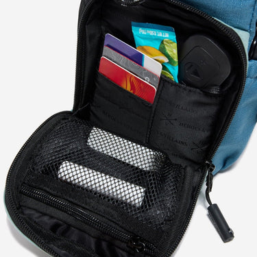 The photo shows a close up of the bags main pocket. The pocket had a mesh zipper pouch on the flap. The inner pocket has smaller pockets for up to 4 credit cards and a larger pocket behind.