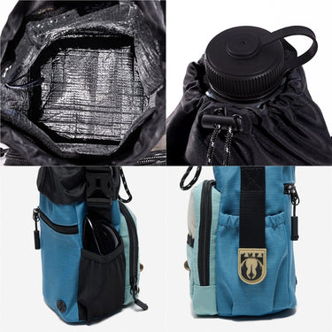 collage of a Multifunctional water bottle sling bag. The top left photo shows a close up of the insulated interior, the top right shows a close up of the bag cinched up with a water bottle lid sticking out, the bottom left shows a zipper pocket on the back and a mesh elasticated pocket on the side.. Finally the bottom right shows a close up of a pocket with a velcro strap that secures items down into the pocket