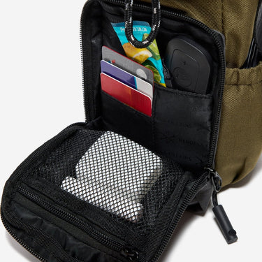 The photo shows a close up of the bags main pocket. The pocket had a mesh zipper pouch on the flap. The inner pocket has smaller pockets for up to 4 credit cards and a larger pocket behind.