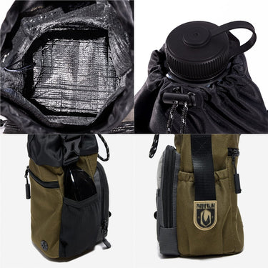 collage of a Multifunctional water bottle sling bag. The top left photo shows a close up of the insulated interior, the top right shows a close up of the bag cinched up with a water bottle lid sticking out, the bottom left shows a zipper pocket on the back and a mesh elasticated pocket on the side.. Finally the bottom right shows a close up of a pocket with a velcro strap that secures items down into the pocket