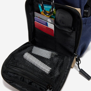 The photo shows a close up of the bags main pocket. The pocket had a mesh zipper pouch on the flap. The inner pocket has smaller pockets for up to 4 credit cards and a larger pocket behind.