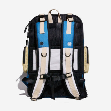 Backpack with blue and beige straps on a white background