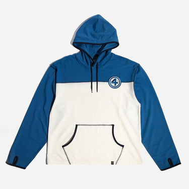 Blue and white Marvel Fantastic Four hoodie with a logo on a light gray background