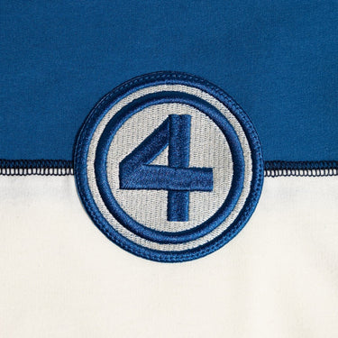 Close-up of a blue and white circular design with the number 4 on a blue and white background.